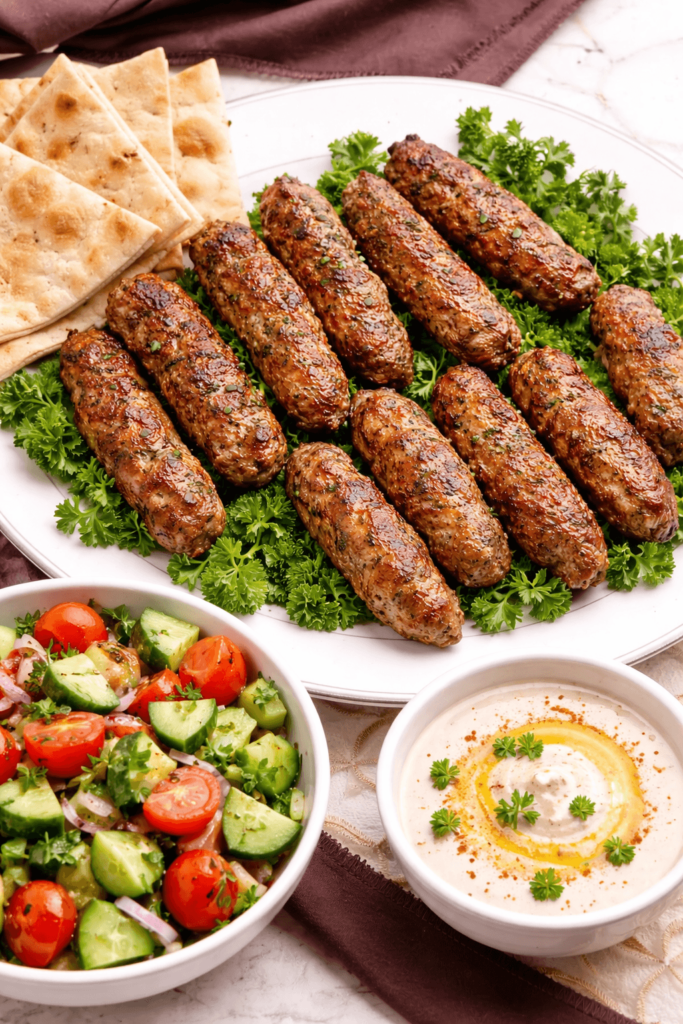 Egyptian-kofta-kebabs-with-pita-salad-and-tahini-sauce-683x1024